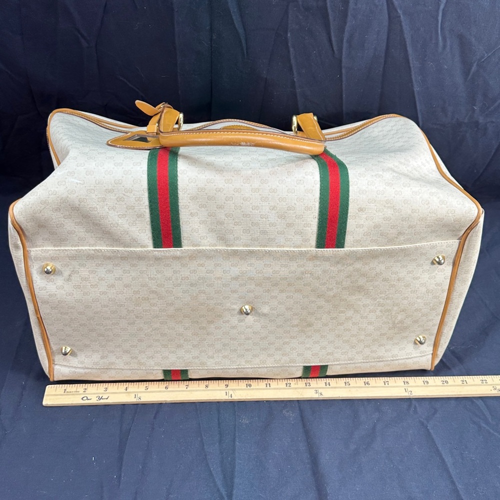 Vtg Gucci Travel Duffel GG Monogram Signature Red & Green Web Stripes Bag - Picture 9 of 17